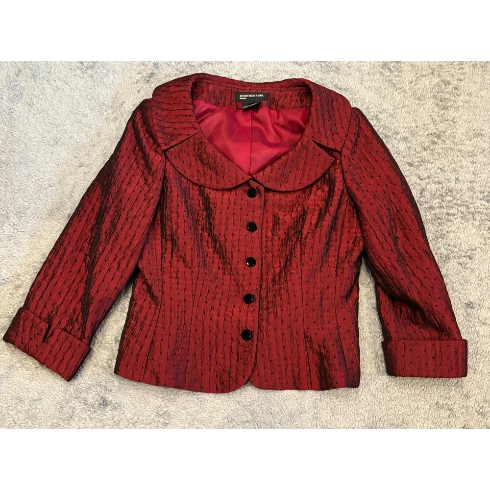 Jones New York Blazer Womens 12 Red Jacket Polyester Blend Black Lace Overlay